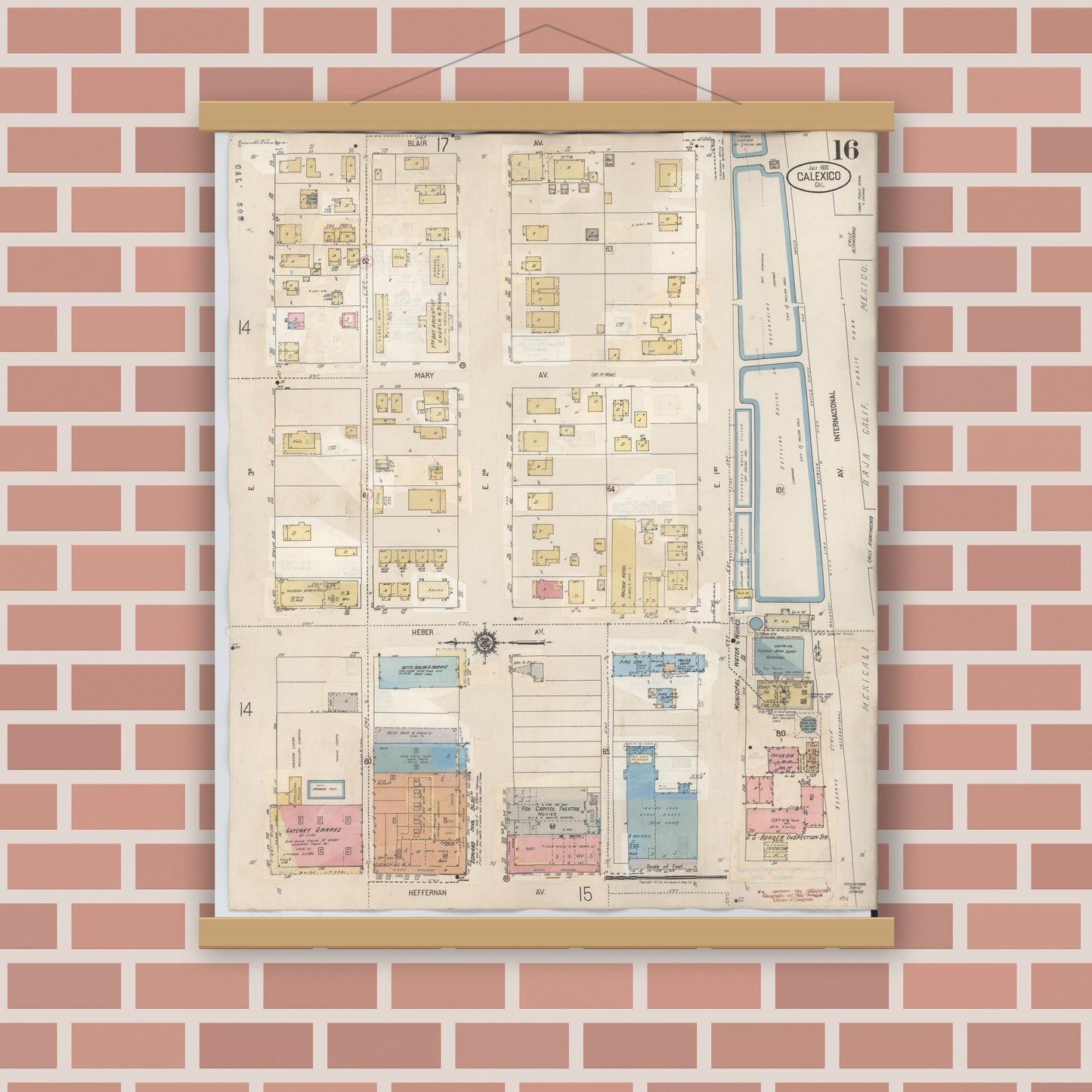 Old map wall art mockup — magnetic wood frame on brick wall — Sanborn Fire Insurance Map from Calexico, Imperial County, California (1949), Sheet #0016