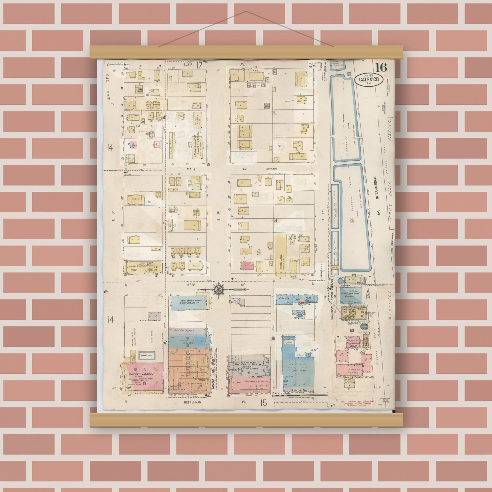 Old map wall art mockup — magnetic wood frame on brick wall — Sanborn Fire Insurance Map from Calexico, Imperial County, California (1949), Sheet #0016