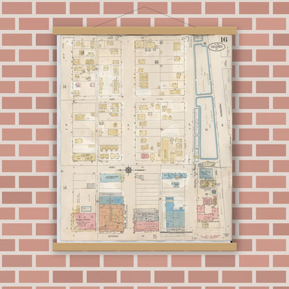 Old map wall art mockup — magnetic wood frame on brick wall — Sanborn Fire Insurance Map from Calexico, Imperial County, California (1949), Sheet #0016