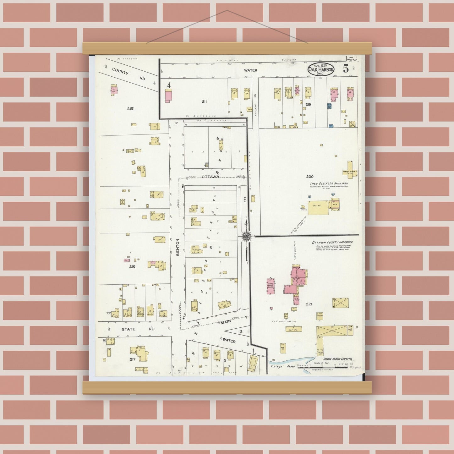 Old map wall art mockup — magnetic wood frame on brick wall — Sanborn Fire Insurance Map from Oak Harbor, Ottawa County, Ohio (1920), Sheet #0005
