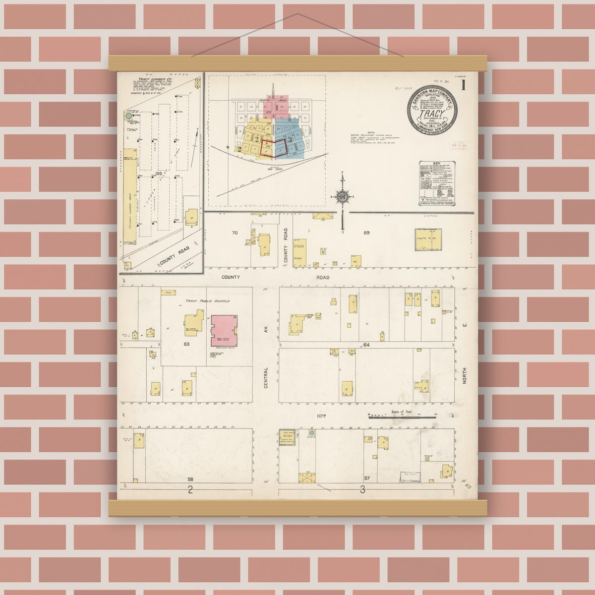 Old map wall art mockup — magnetic wood frame on brick wall — Sanborn Fire Insurance Map from Tracy, San Joaquin County, California (1911) - Complete Map Set
