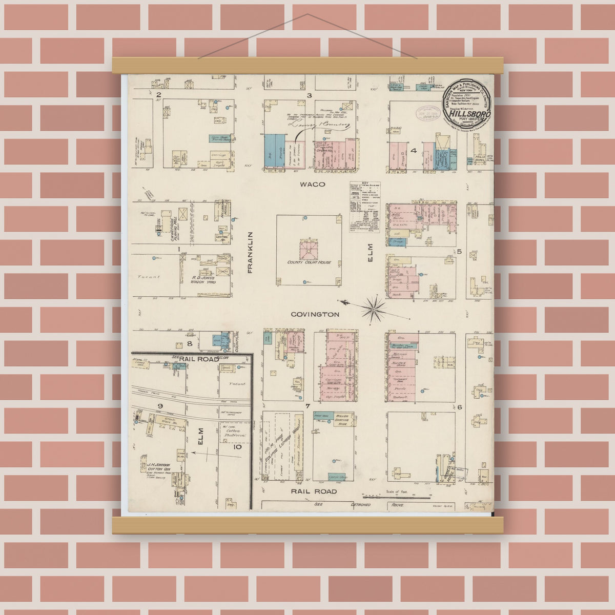Old map wall art mockup — magnetic wood frame on brick wall — Sanborn Fire Insurance Map from Hillsboro, Hill County, Texas (1885), Sheet #0001