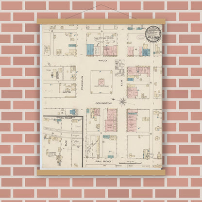 Old map wall art mockup — magnetic wood frame on brick wall — Sanborn Fire Insurance Map from Hillsboro, Hill County, Texas (1885), Sheet #0001