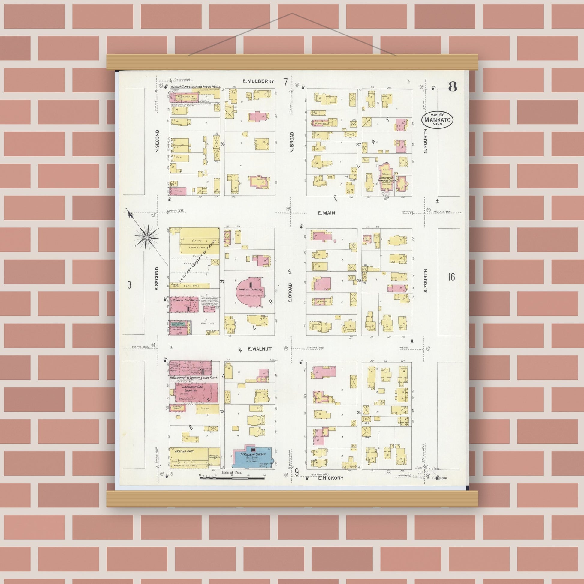 Old map wall art mockup — magnetic wood frame on brick wall — Sanborn Fire Insurance Map from Mankato, Blue Earth County, Minnesota (1908), Sheet #0008