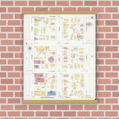 Old map wall art mockup — magnetic wood frame on brick wall — Sanborn Fire Insurance Map from Mankato, Blue Earth County, Minnesota (1908), Sheet #0008