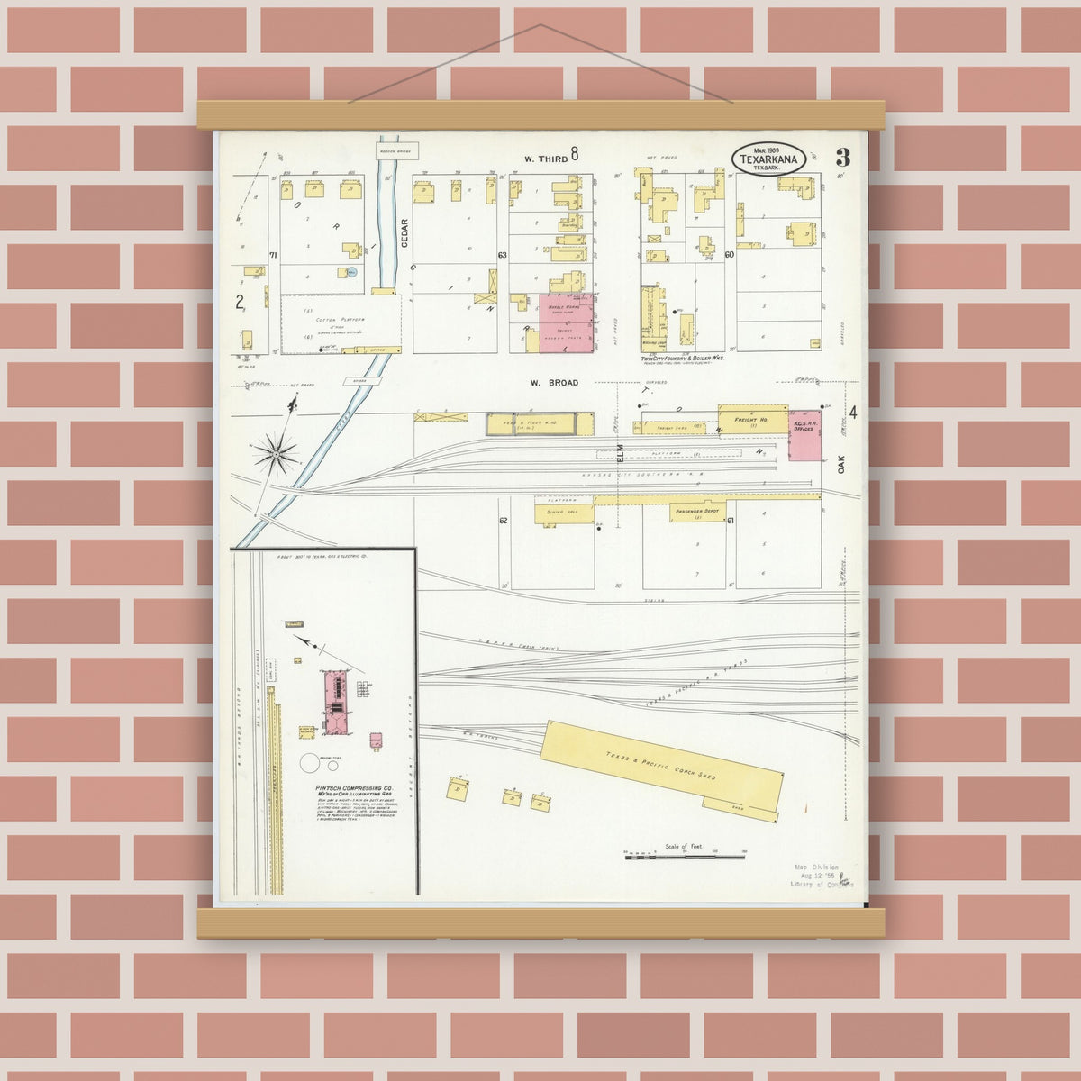 Old map wall art mockup — magnetic wood frame on brick wall — Sanborn Fire Insurance Map from Texarkana, Bowie County, Texas (1909), Sheet #0003