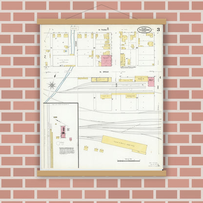 Old map wall art mockup — magnetic wood frame on brick wall — Sanborn Fire Insurance Map from Texarkana, Bowie County, Texas (1909), Sheet #0003