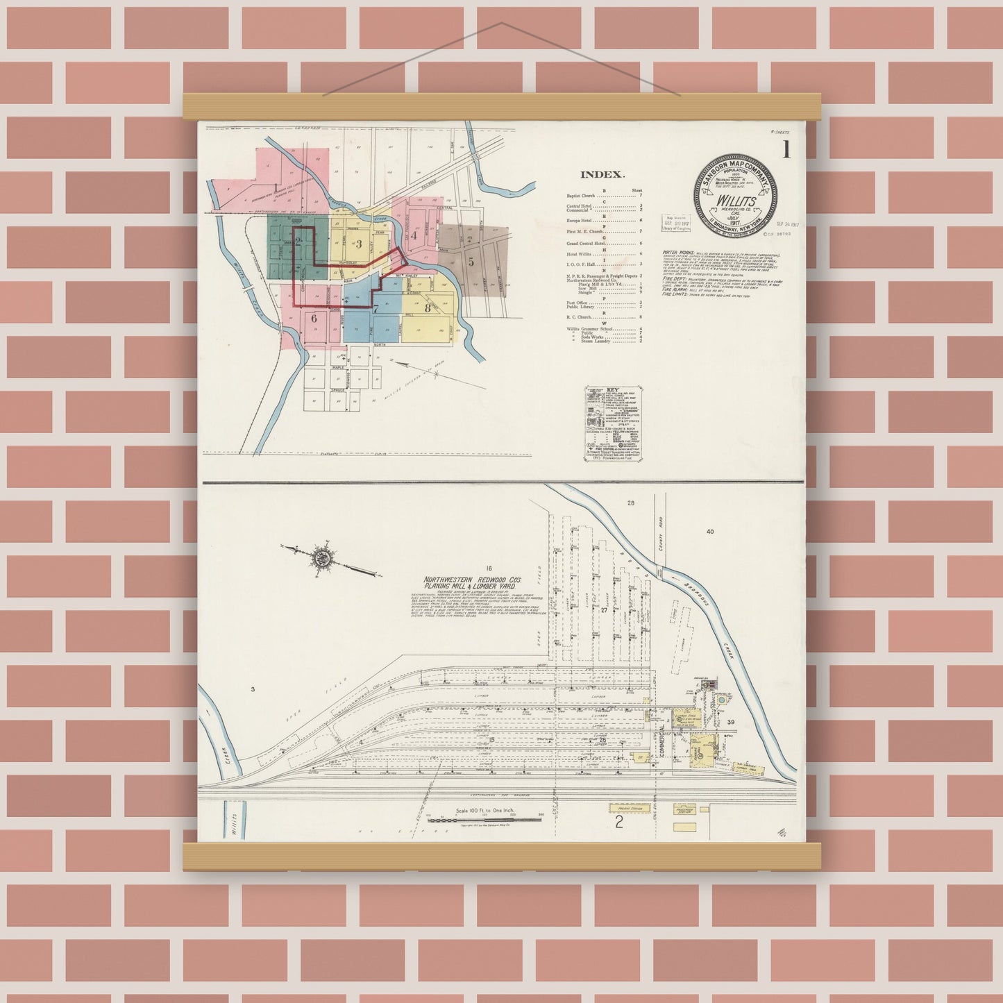 Old map wall art mockup — magnetic wood frame on brick wall — Sanborn Fire Insurance Map from Willits, Mendocino County, California (1917) - Complete Map Set