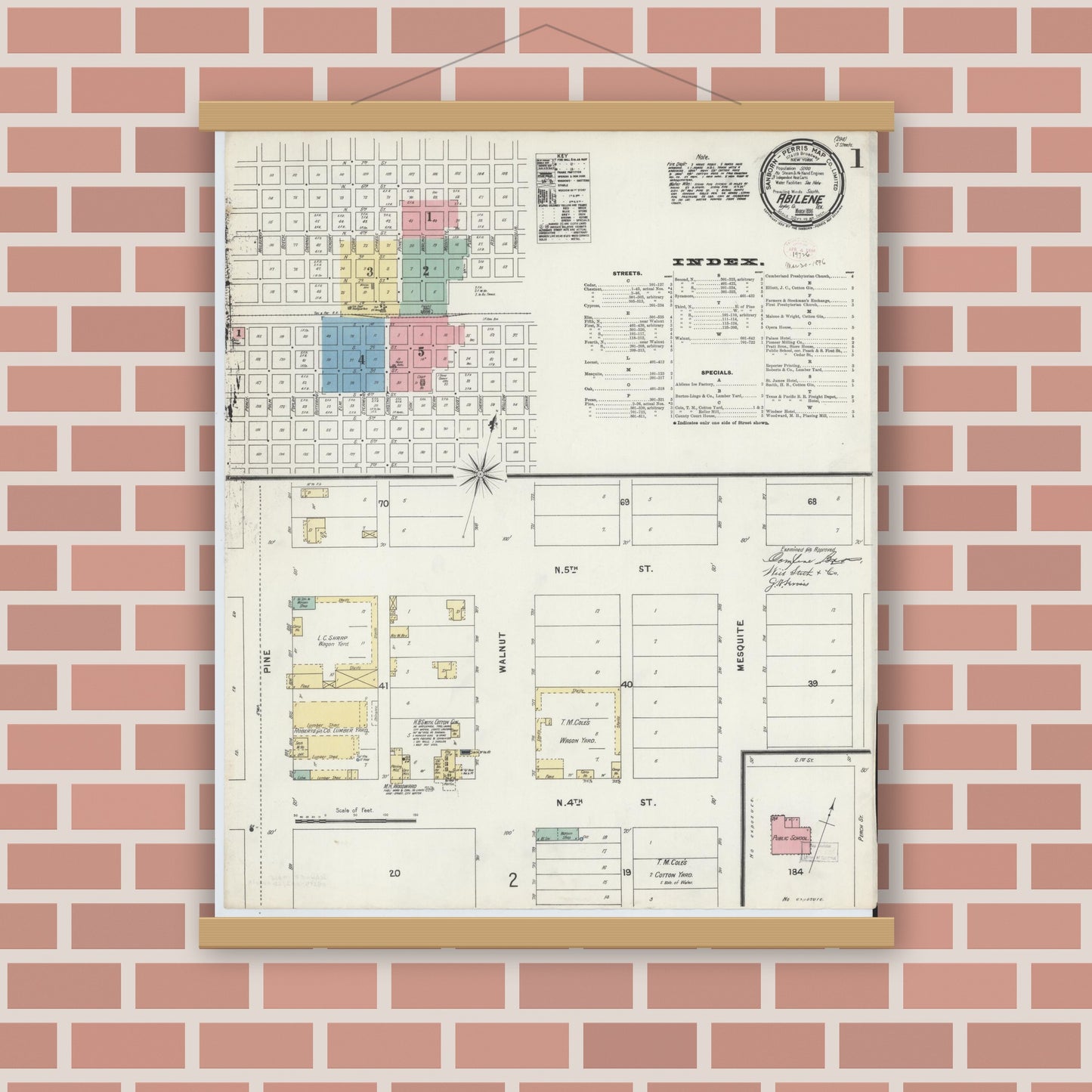 Old map wall art mockup — magnetic wood frame on brick wall — Sanborn Fire Insurance Map from Abilene, Taylor County, Texas (1896), Sheet #0001