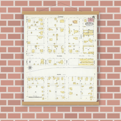 Old map wall art mockup — magnetic wood frame on brick wall — Sanborn Fire Insurance Map from Honey Grove, Fannin County, Texas (1909), Sheet #0006