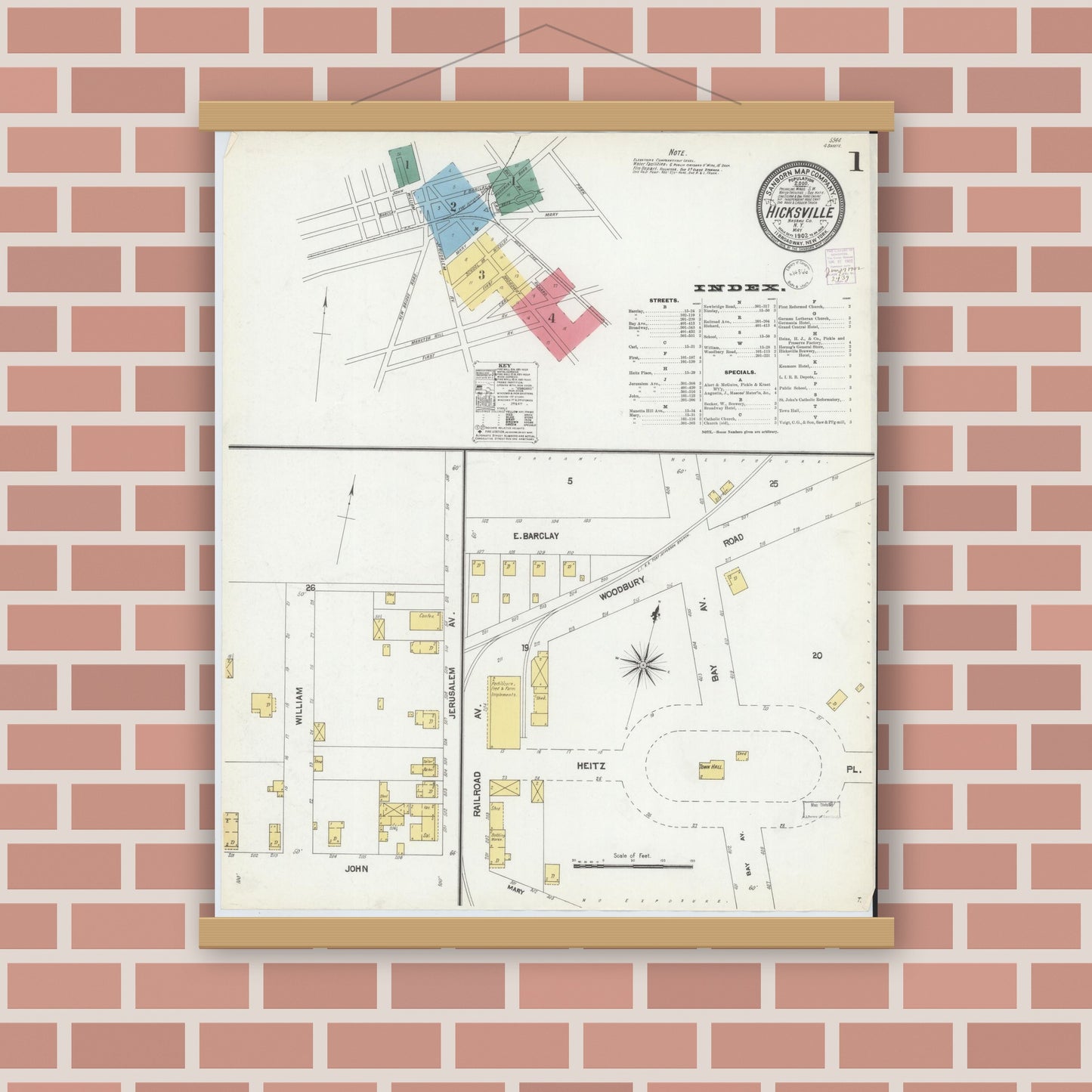 Old map wall art mockup — magnetic wood frame on brick wall — Sanborn Fire Insurance Map from Hicksville, Nassau County, New York (1902), Sheet #0001