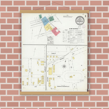 Old map wall art mockup — magnetic wood frame on brick wall — Sanborn Fire Insurance Map from Hicksville, Nassau County, New York (1902), Sheet #0001