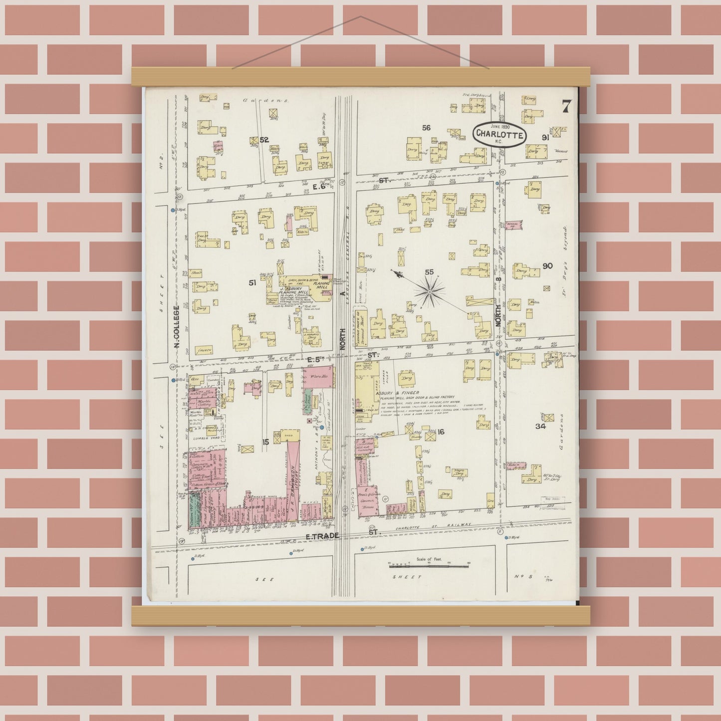 Old map wall art mockup — magnetic wood frame on brick wall — Sanborn Fire Insurance Map from Charlotte, Mecklenburg County, North Carolina (1890), Sheet #0007
