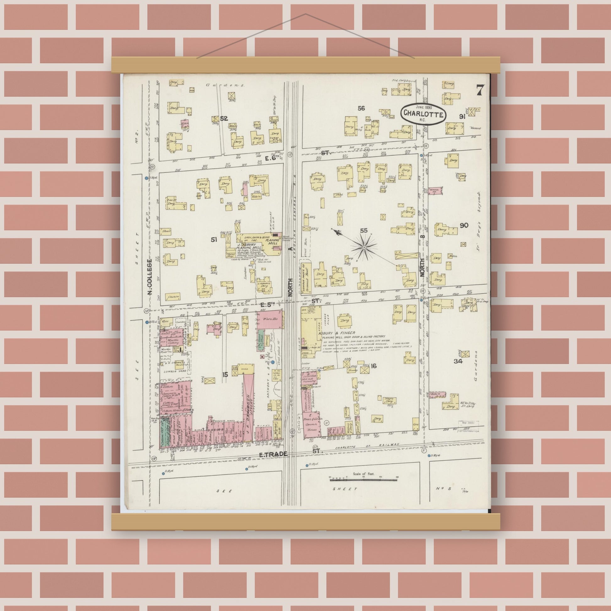 Old map wall art mockup — magnetic wood frame on brick wall — Sanborn Fire Insurance Map from Charlotte, Mecklenburg County, North Carolina (1890), Sheet #0007