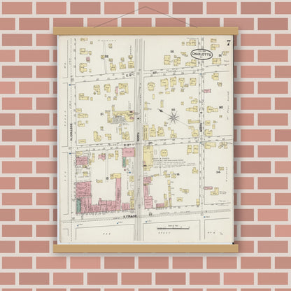 Old map wall art mockup — magnetic wood frame on brick wall — Sanborn Fire Insurance Map from Charlotte, Mecklenburg County, North Carolina (1890), Sheet #0007