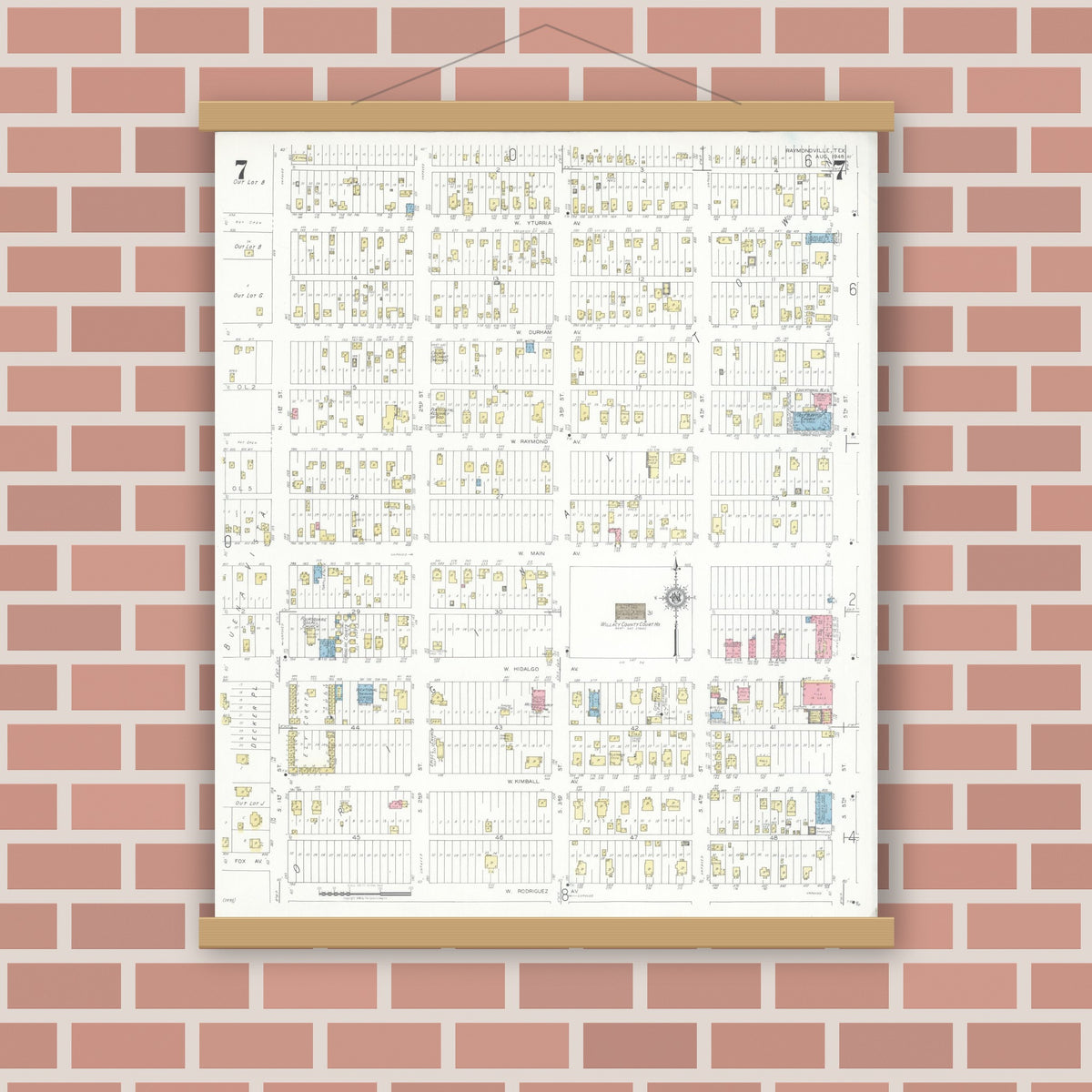 Old map wall art mockup — magnetic wood frame on brick wall — Sanborn Fire Insurance Map from Raymondville, Willacy County, Texas (1948), Sheet #0007