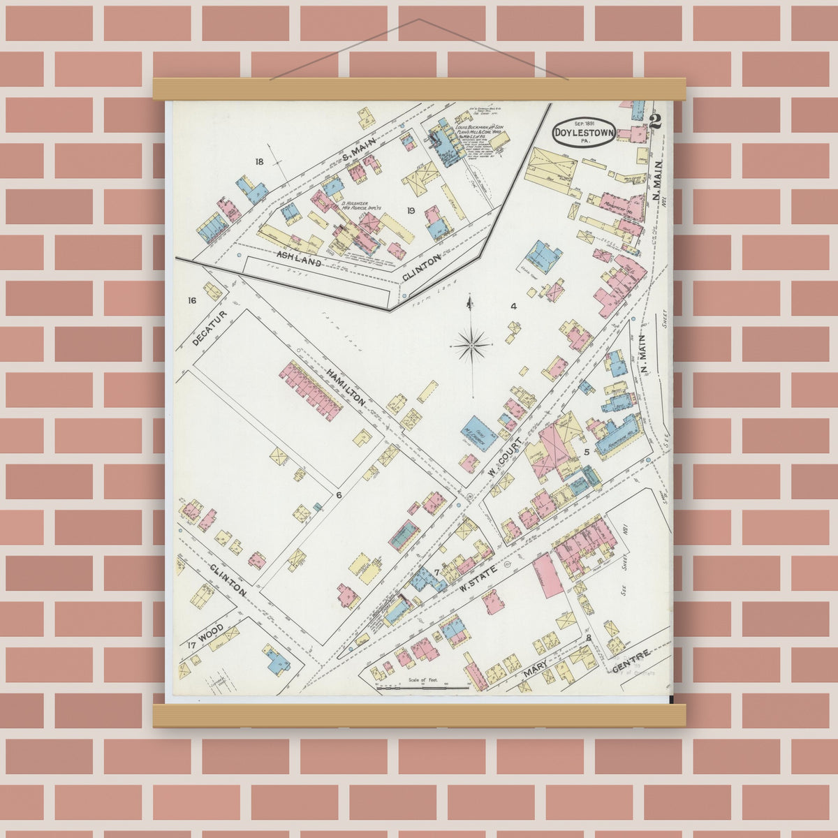 Old map wall art mockup — magnetic wood frame on brick wall — Sanborn Fire Insurance Map from Doylestown, Bucks County, Pennsylvania (1891), Sheet #0002