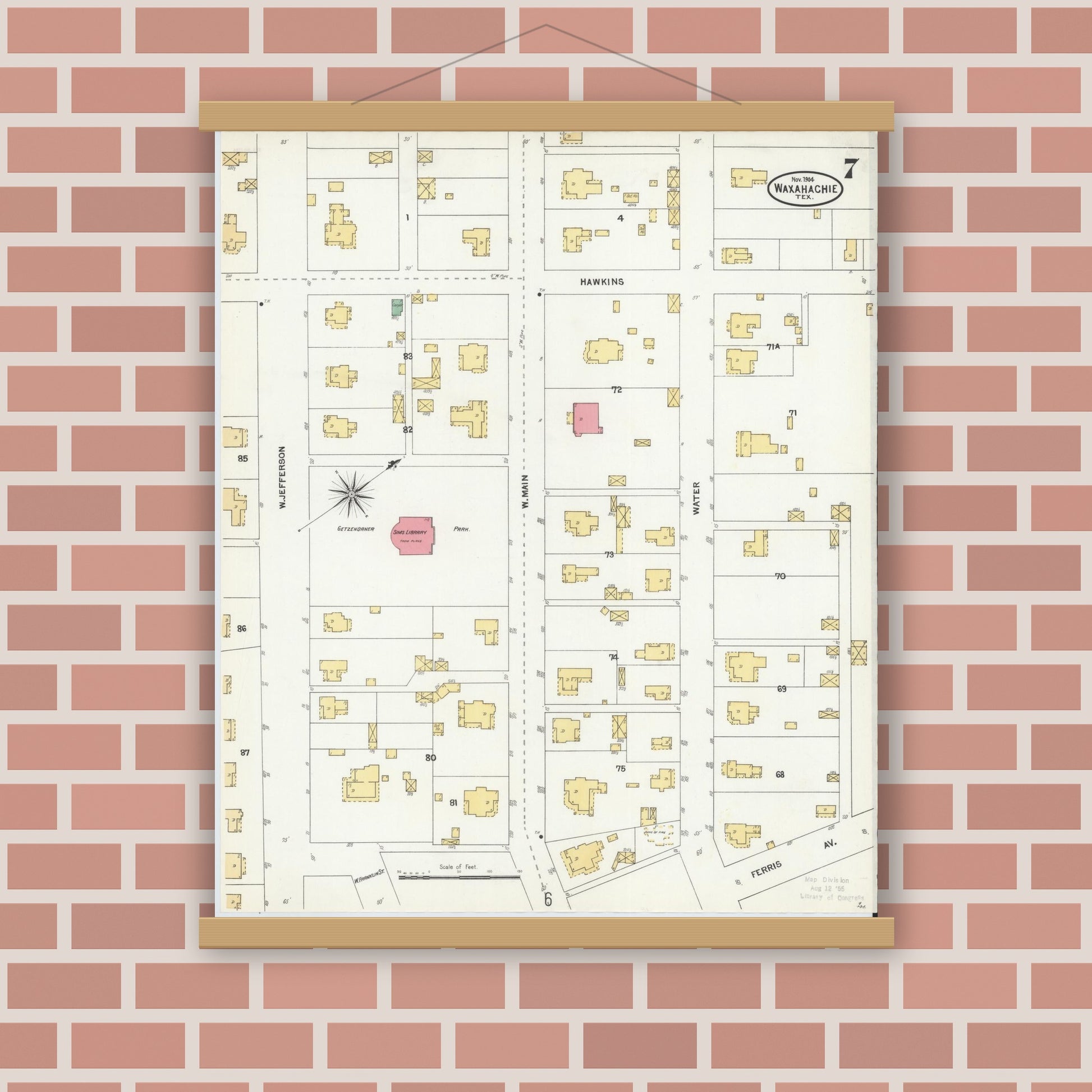 Old map wall art mockup — magnetic wood frame on brick wall — Sanborn Fire Insurance Map from Waxahachie, Ellis County, Texas (1904), Sheet #0007