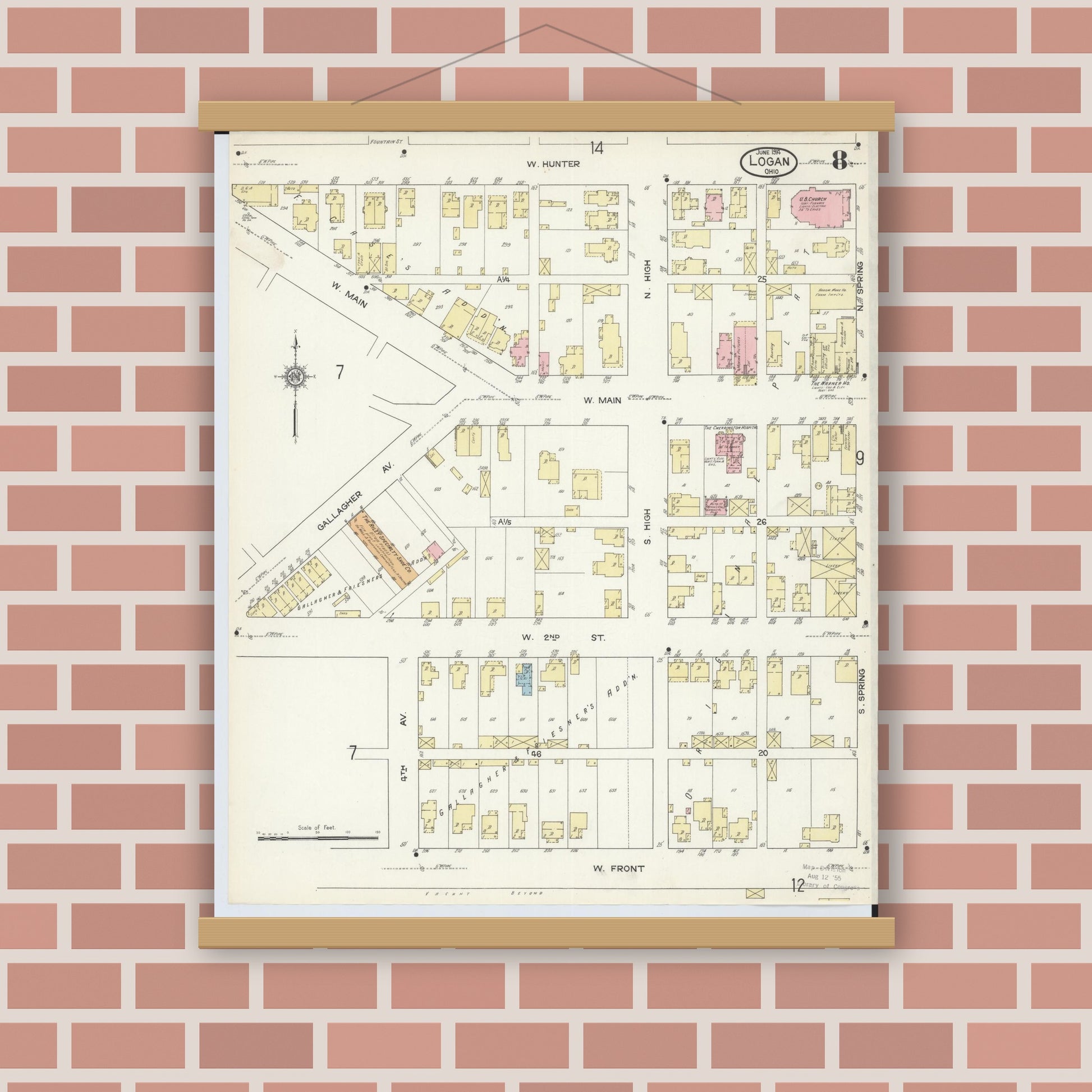 Old map wall art mockup — magnetic wood frame on brick wall — Sanborn Fire Insurance Map from Logan, Hocking County, Ohio (1914), Sheet #0008