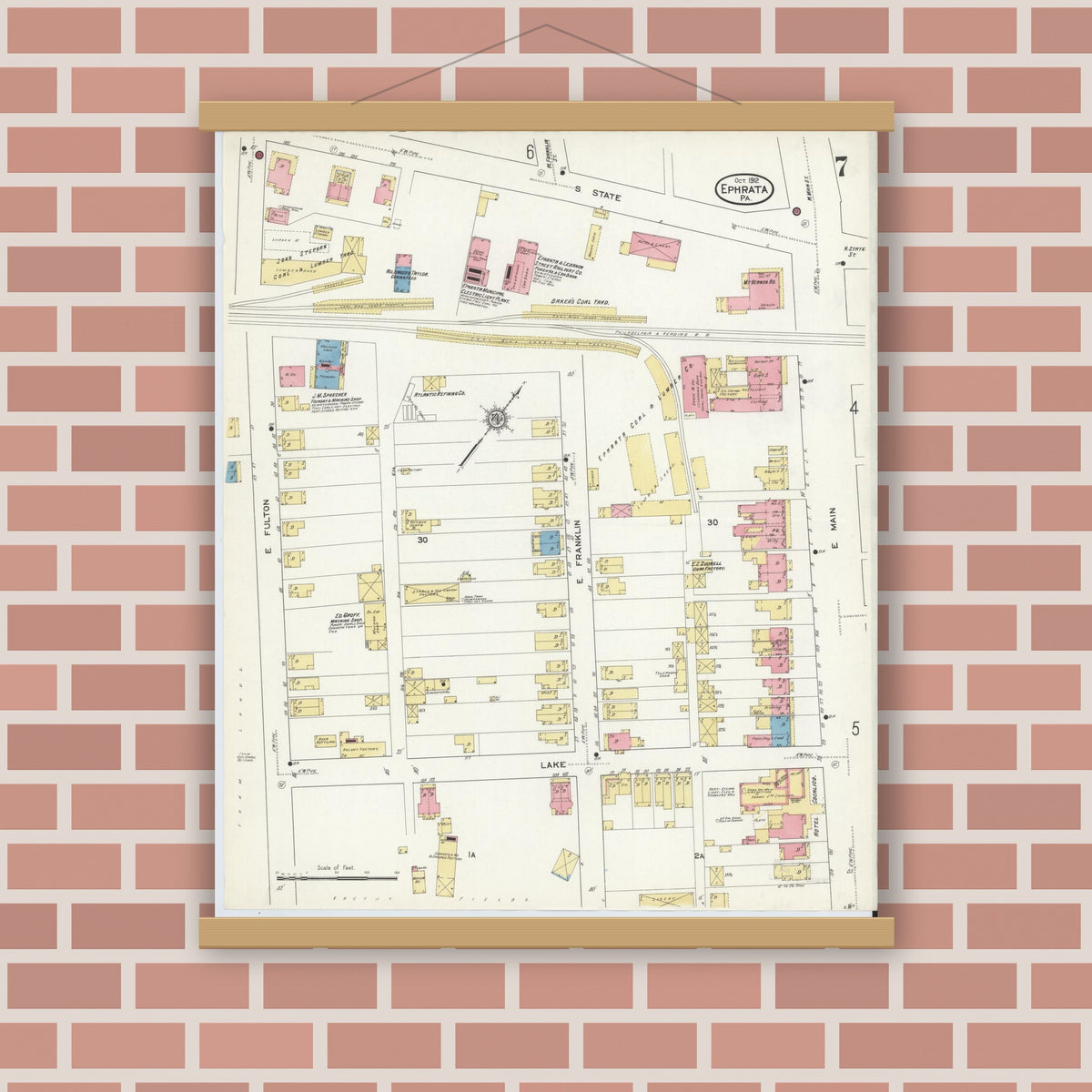 Old map wall art mockup — magnetic wood frame on brick wall — Sanborn Fire Insurance Map from Ephrata, Lancaster County, Pennsylvania (1912), Sheet #0007