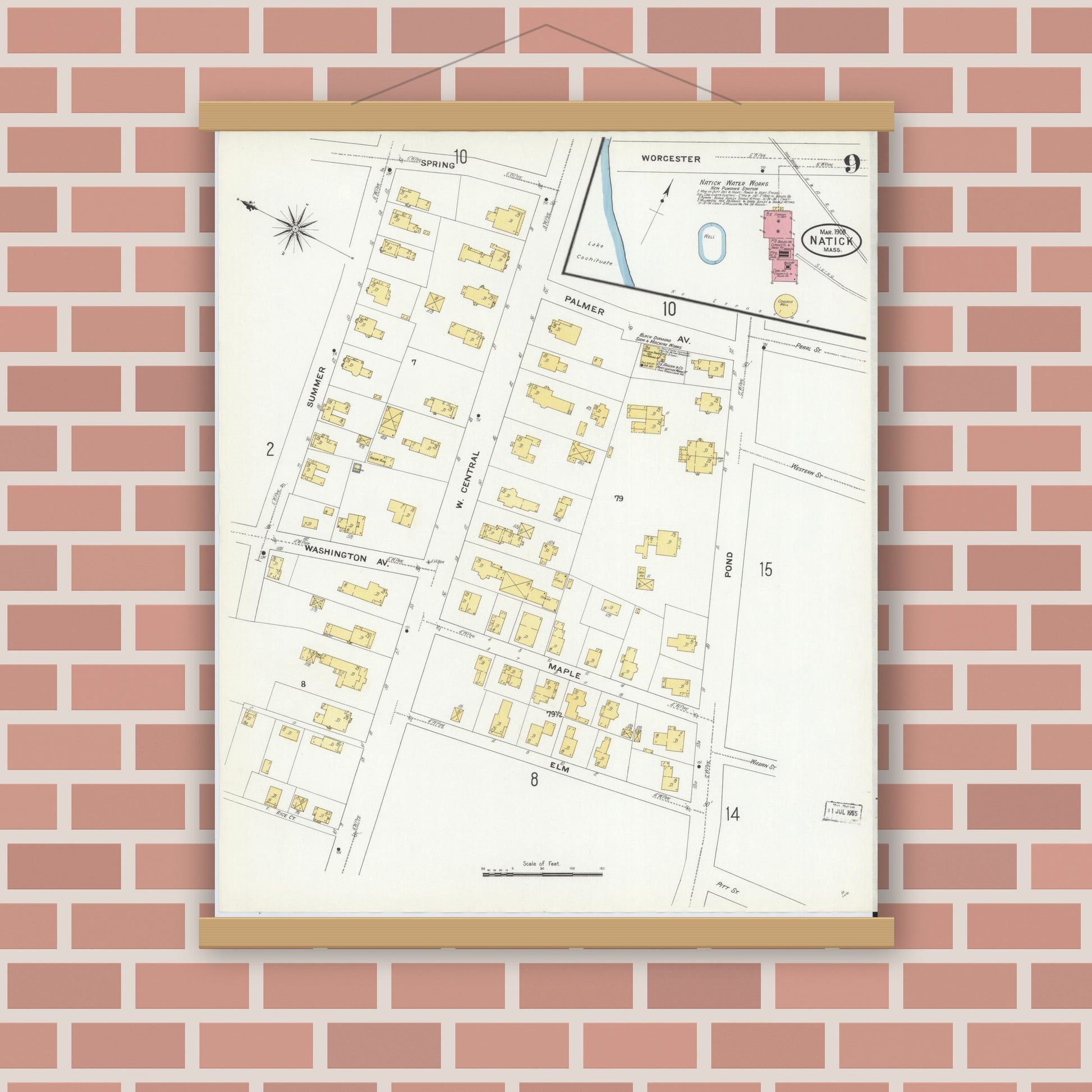 Old map wall art mockup — magnetic wood frame on brick wall — Sanborn Fire Insurance Map from Natick, Middlesex County, Massachusetts (1909), Sheet #0009