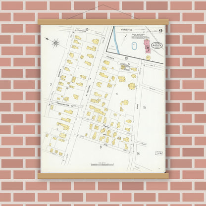 Old map wall art mockup — magnetic wood frame on brick wall — Sanborn Fire Insurance Map from Natick, Middlesex County, Massachusetts (1909), Sheet #0009
