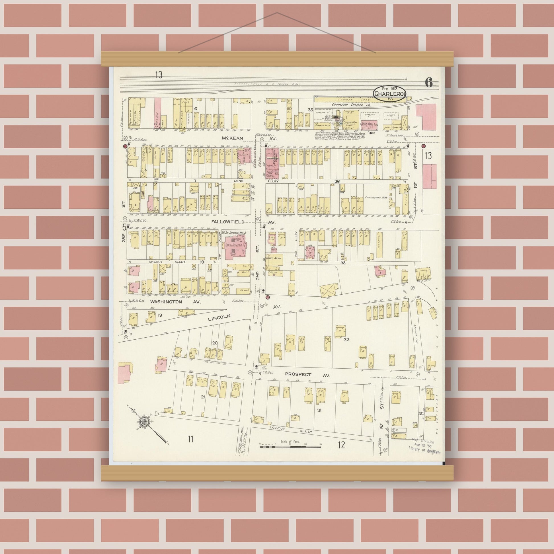 Old map wall art mockup — magnetic wood frame on brick wall — Sanborn Fire Insurance Map from Charleroi, Washington County, Pennsylvania (1913), Sheet #0006