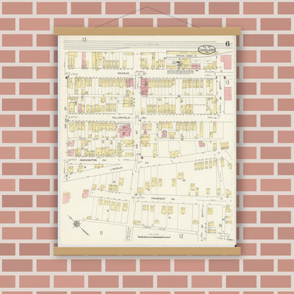 Old map wall art mockup — magnetic wood frame on brick wall — Sanborn Fire Insurance Map from Charleroi, Washington County, Pennsylvania (1913), Sheet #0006