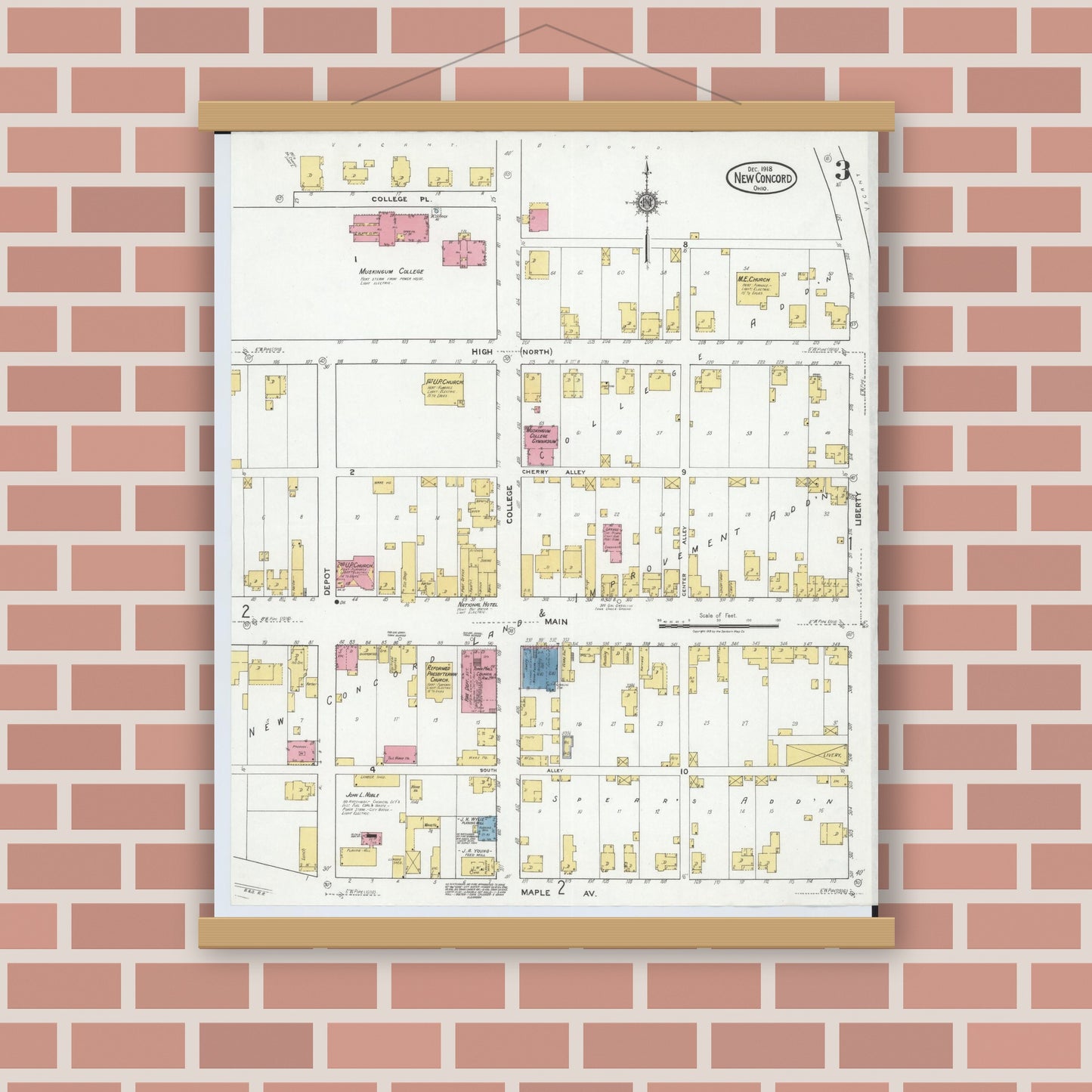 Old map wall art mockup — magnetic wood frame on brick wall — Sanborn Fire Insurance Map from New Concord, Muskingum County, Ohio (1918), Sheet #0003
