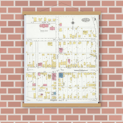 Old map wall art mockup — magnetic wood frame on brick wall — Sanborn Fire Insurance Map from New Concord, Muskingum County, Ohio (1918), Sheet #0003