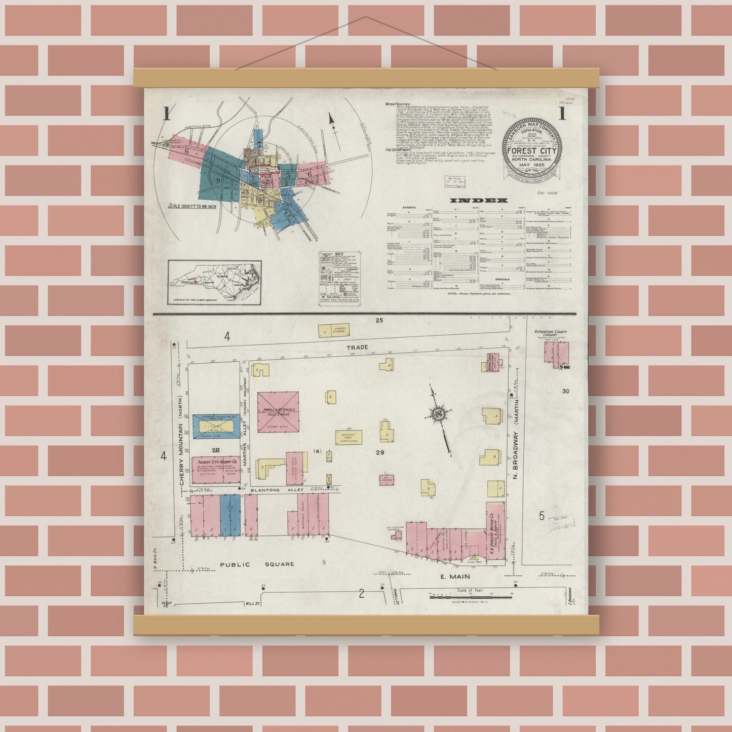Old map wall art mockup — magnetic wood frame on brick wall — Sanborn Fire Insurance Map from Forest City, Rutherford County, North Carolina (1925) - Complete Map Set