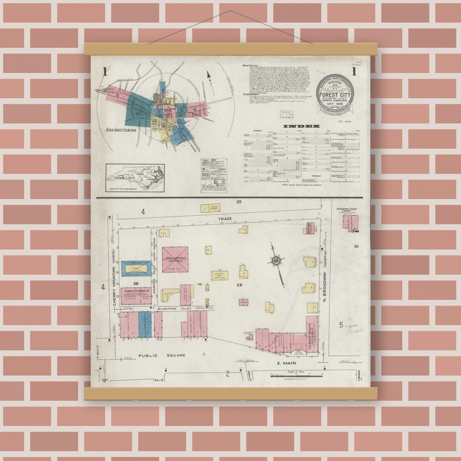 Old map wall art mockup — magnetic wood frame on brick wall — Sanborn Fire Insurance Map from Forest City, Rutherford County, North Carolina (1925) - Complete Map Set