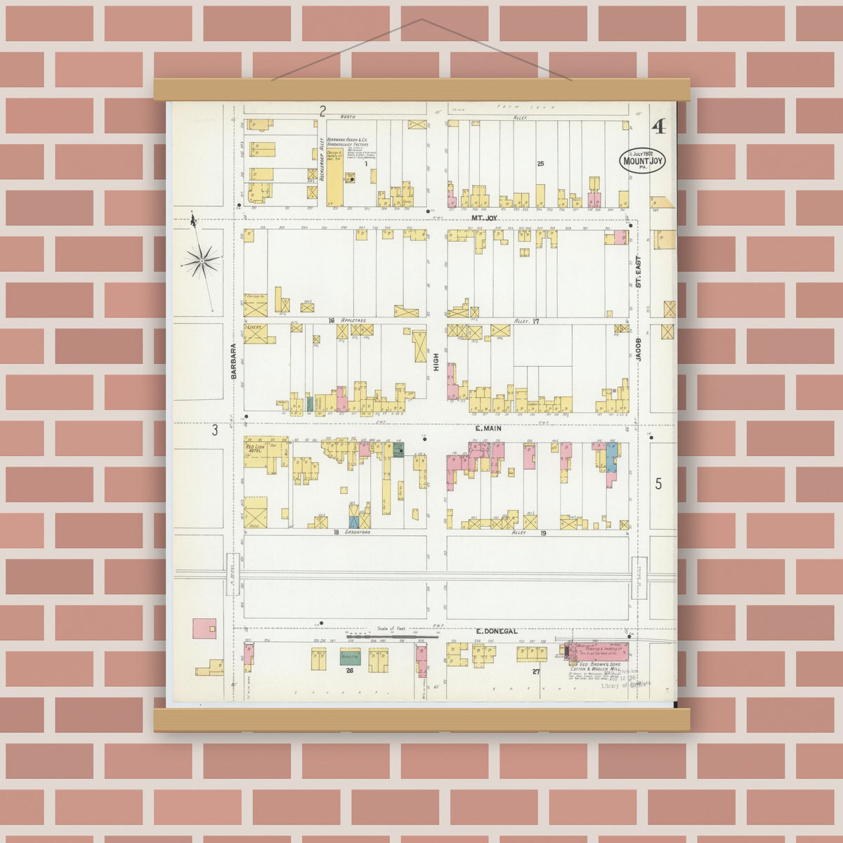 Old map wall art mockup — magnetic wood frame on brick wall — Sanborn Fire Insurance Map from Mount Joy, Lancaster County, Pennsylvania (1902), Sheet #0004