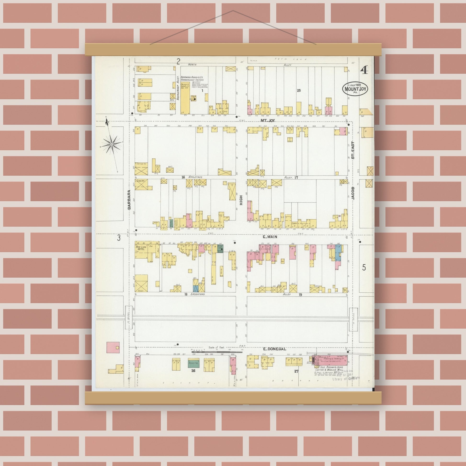 Old map wall art mockup — magnetic wood frame on brick wall — Sanborn Fire Insurance Map from Mount Joy, Lancaster County, Pennsylvania (1902), Sheet #0004
