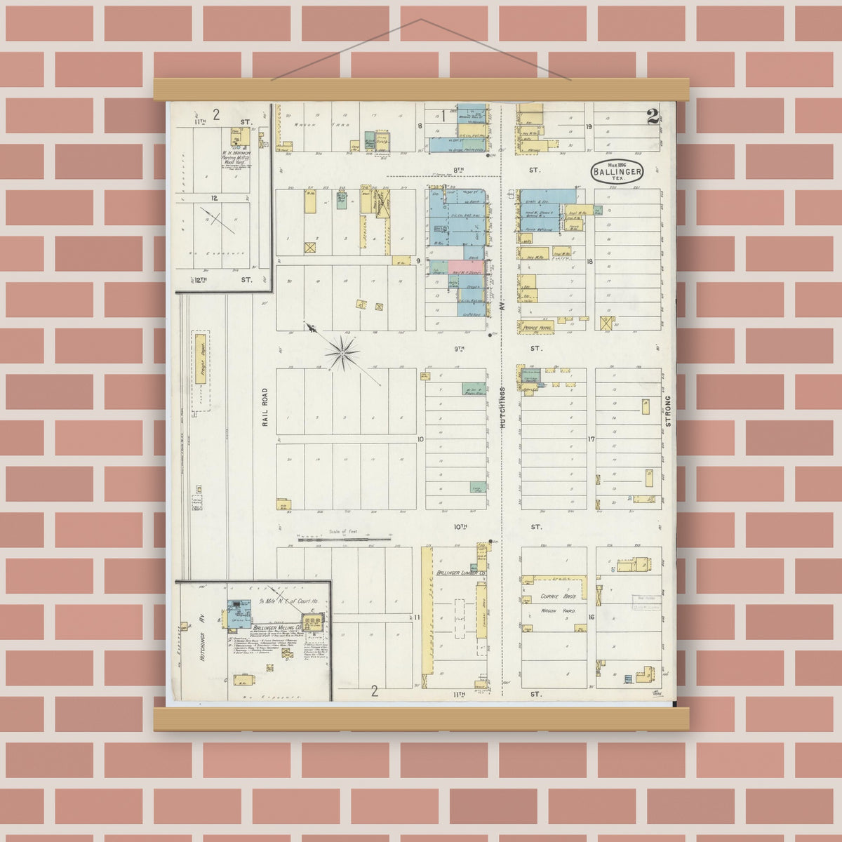 Old map wall art mockup — magnetic wood frame on brick wall — Sanborn Fire Insurance Map from Ballinger, Runnels County, Texas (1896), Sheet #0002
