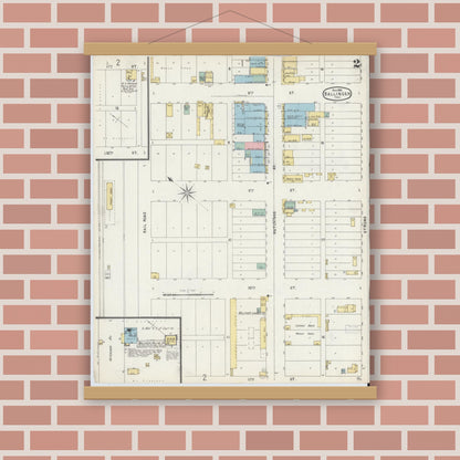 Old map wall art mockup — magnetic wood frame on brick wall — Sanborn Fire Insurance Map from Ballinger, Runnels County, Texas (1896), Sheet #0002