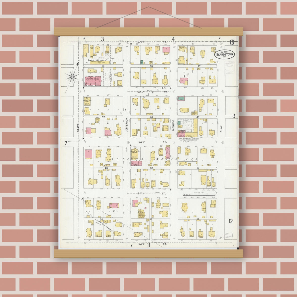 Old map wall art mockup — magnetic wood frame on brick wall — Sanborn Fire Insurance Map from Beardstown, Cass County, Illinois (1900), Sheet #0008
