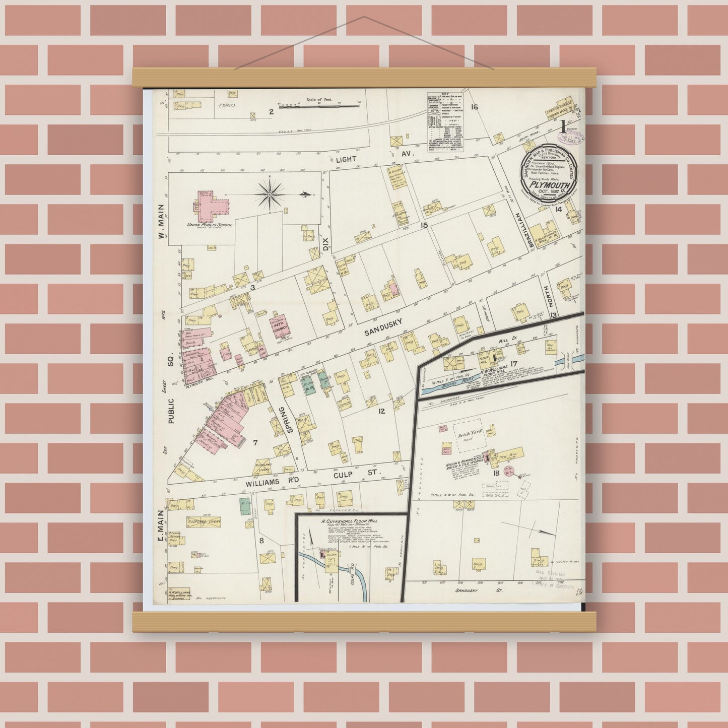 Old map wall art mockup — magnetic wood frame on brick wall — Sanborn Fire Insurance Map from Plymouth, Huron And Richland Counties, Ohio (1887), Sheet #0001