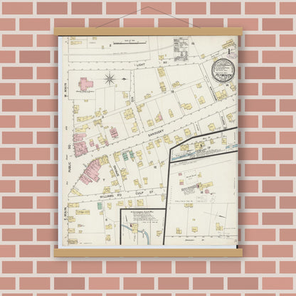 Old map wall art mockup — magnetic wood frame on brick wall — Sanborn Fire Insurance Map from Plymouth, Huron And Richland Counties, Ohio (1887), Sheet #0001