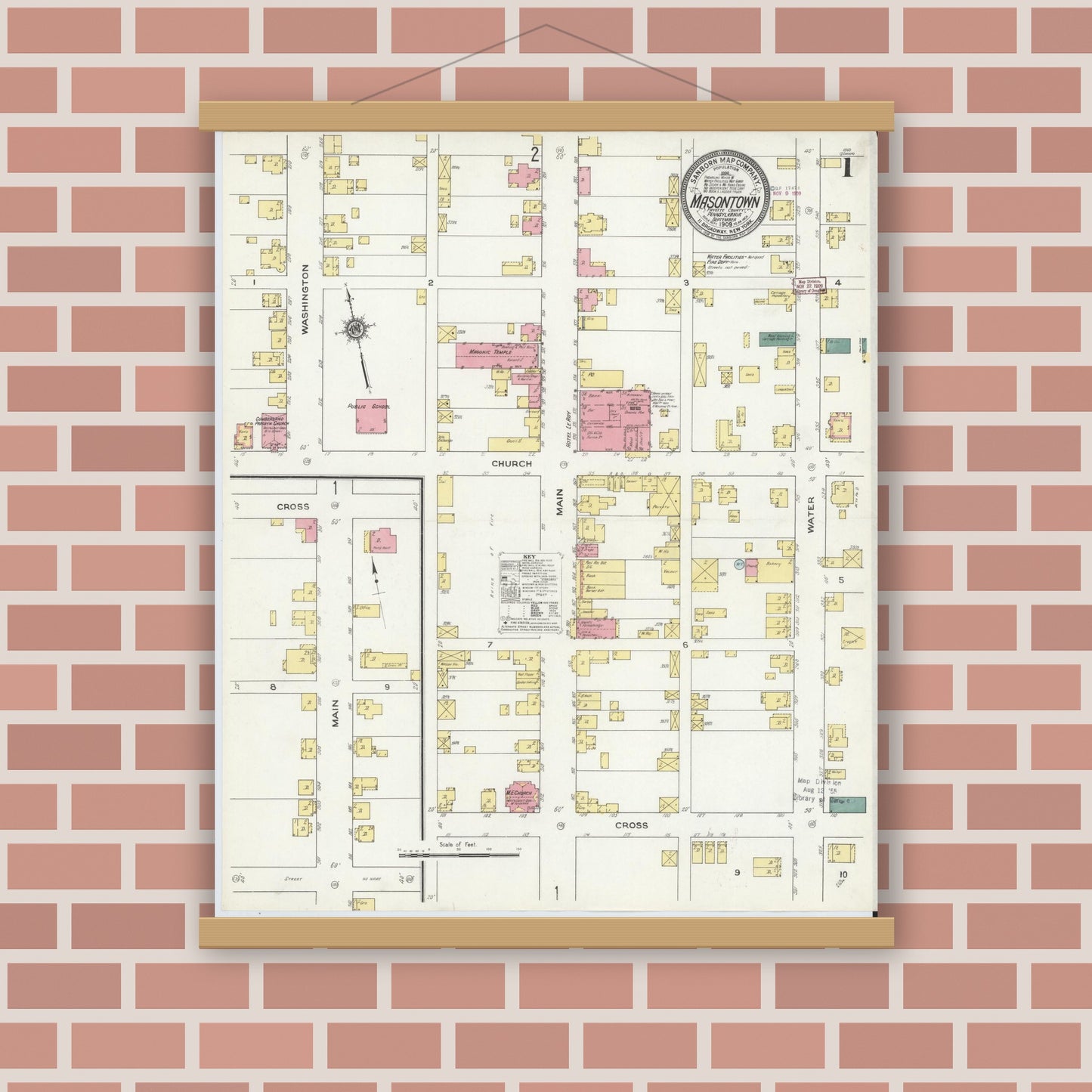 Old map wall art mockup — magnetic wood frame on brick wall — Sanborn Fire Insurance Map from Masontown, Fayette County, Pennsylvania (1909) - Complete Map Set