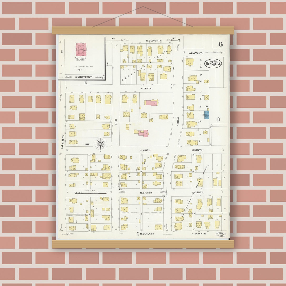 Old map wall art mockup — magnetic wood frame on brick wall — Sanborn Fire Insurance Map from New Castle, Henry County, Indiana (1908), Sheet #0006