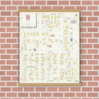 Old map wall art mockup — magnetic wood frame on brick wall — Sanborn Fire Insurance Map from New Castle, Henry County, Indiana (1908), Sheet #0006
