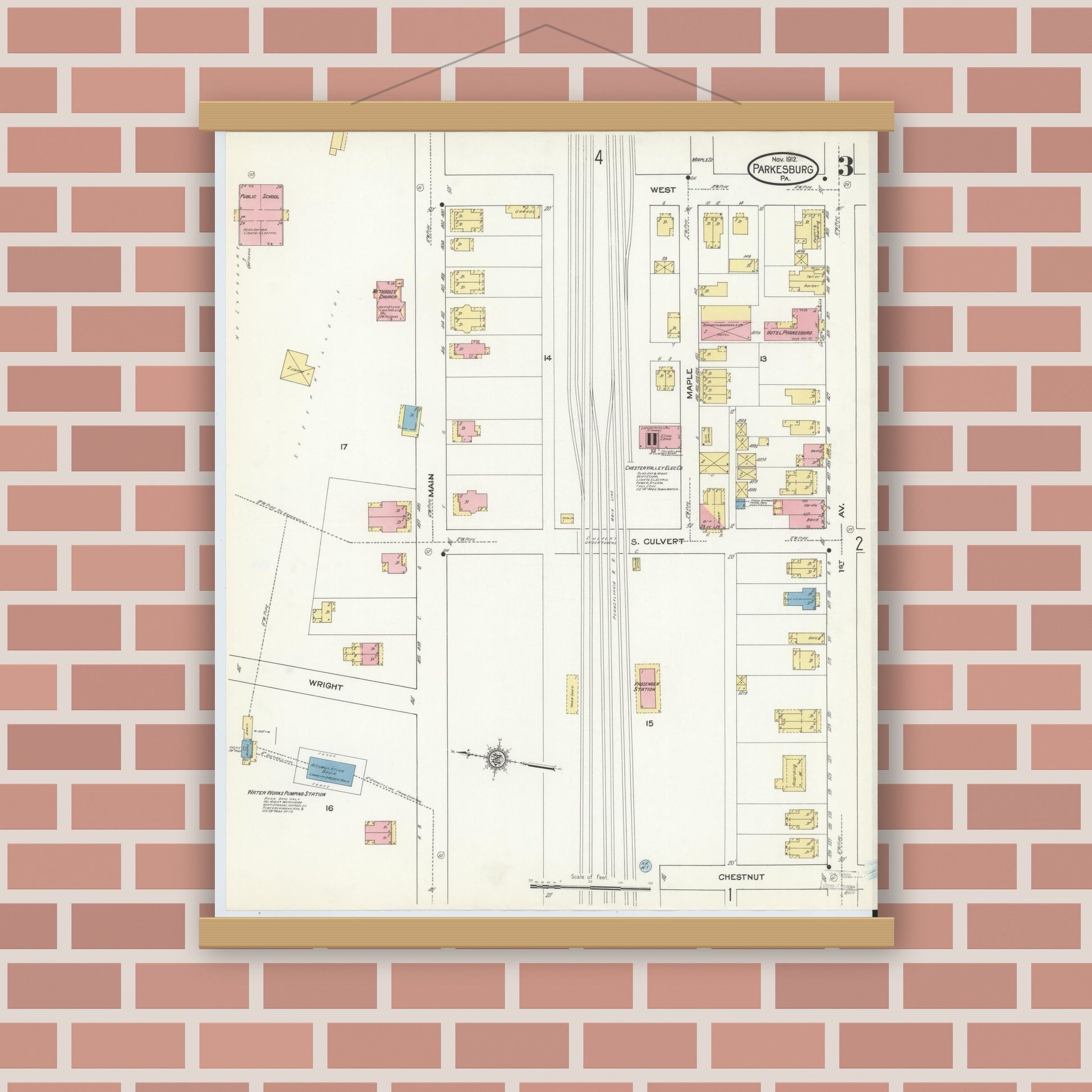 Old map wall art mockup — magnetic wood frame on brick wall — Sanborn Fire Insurance Map from Parkesburg, Chester County, Pennsylvania (1912), Sheet #0003