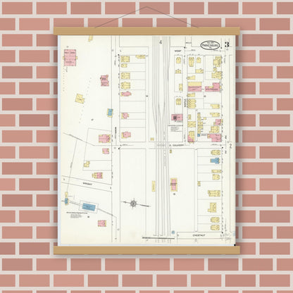 Old map wall art mockup — magnetic wood frame on brick wall — Sanborn Fire Insurance Map from Parkesburg, Chester County, Pennsylvania (1912), Sheet #0003