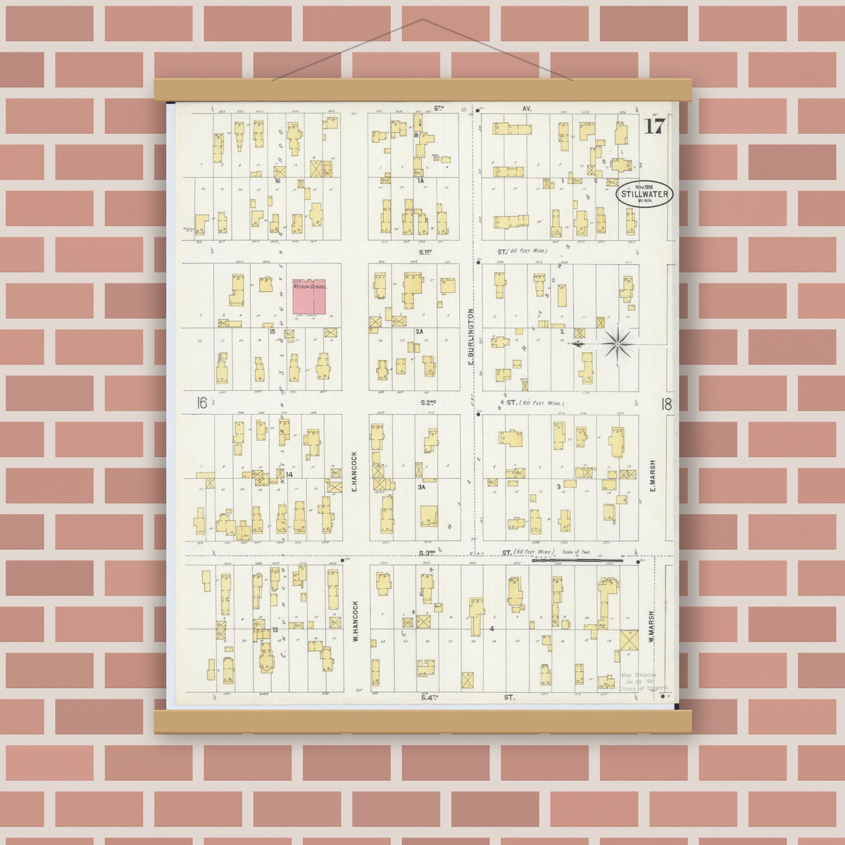 Old map wall art mockup — magnetic wood frame on brick wall — Sanborn Fire Insurance Map from Stillwater, Washington County, Minnesota (1898), Sheet #0017