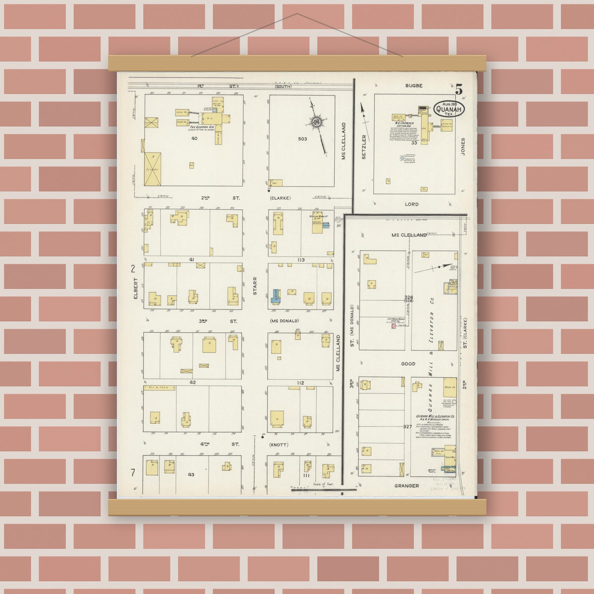 Old map wall art mockup — magnetic wood frame on brick wall — Sanborn Fire Insurance Map from Quanah, Hardeman County, Texas (1915), Sheet #0005