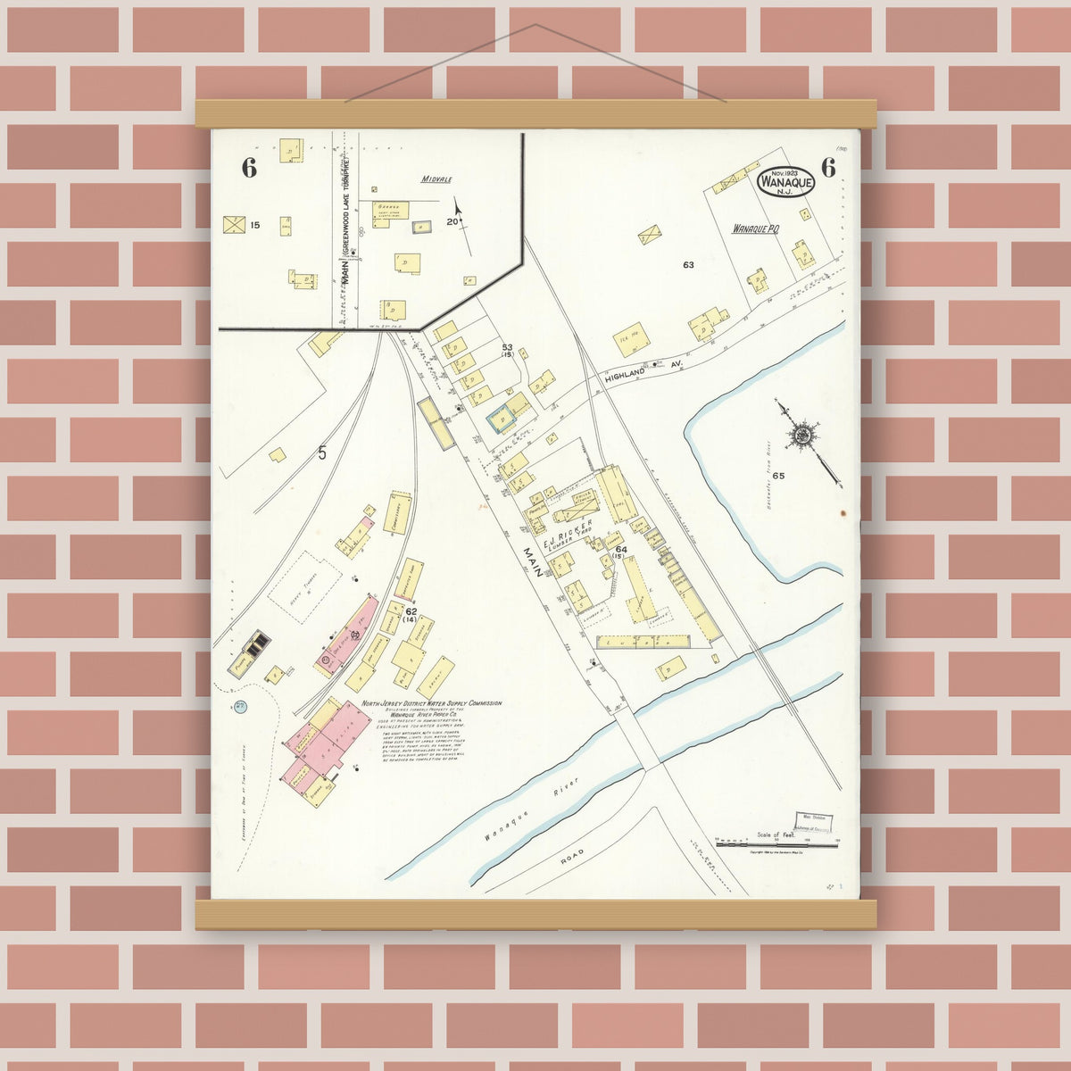 Old map wall art mockup — magnetic wood frame on brick wall — Sanborn Fire Insurance Map from Wanaque, Passaic County, New Jersey (1923), Sheet #0006