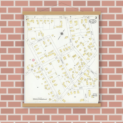 Old map wall art mockup — magnetic wood frame on brick wall — Sanborn Fire Insurance Map from Milford, Worcester County, Massachusetts (1910), Sheet #0003