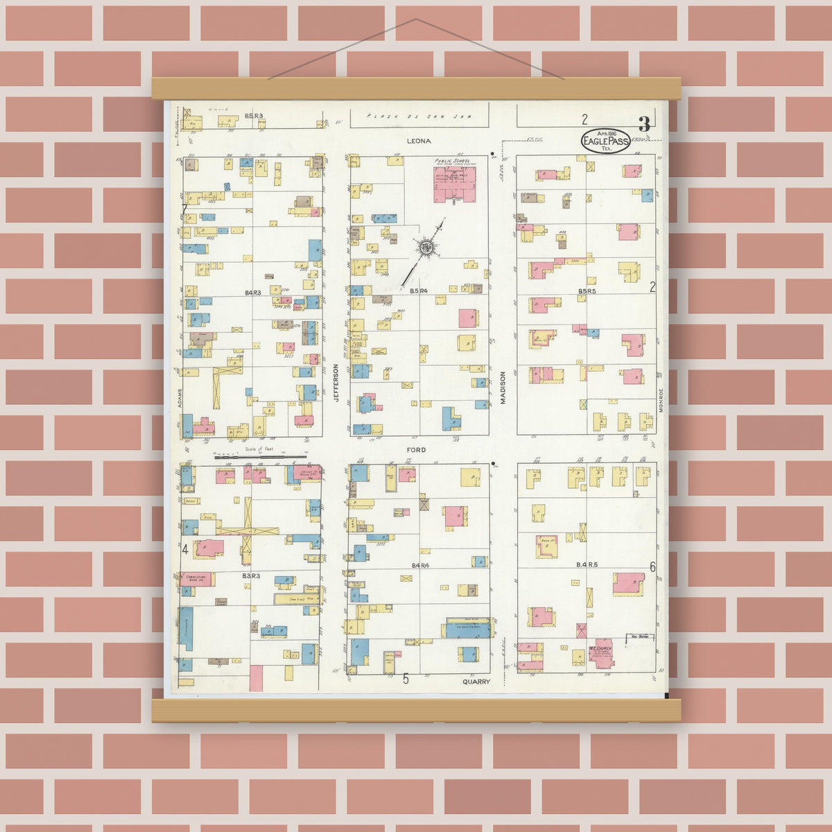 Old map wall art mockup — magnetic wood frame on brick wall — Sanborn Fire Insurance Map from Eagle Pass, Maverick County, Texas (1916), Sheet #0003