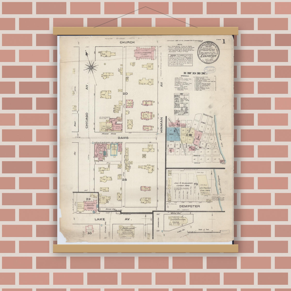 Old map wall art mockup — magnetic wood frame on brick wall — Sanborn Fire Insurance Map from Evanston, Cook County, Illinois (1883) - Complete Map Set